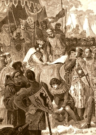 Ilustração mostrando o rei João sem Terra da Inglaterra assinando a Magna Carta