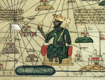 Imperador mali Mansa Musa I Pintura mostrando um homem com uma coroa dourada na cabeça, sendado num trono, segurando um cajado e um objeto de ouro.