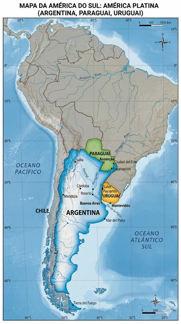 Mapa da América do Sul mostrando os três países da América Platina Mapa da América do Sul mostrando os três países da América Platina