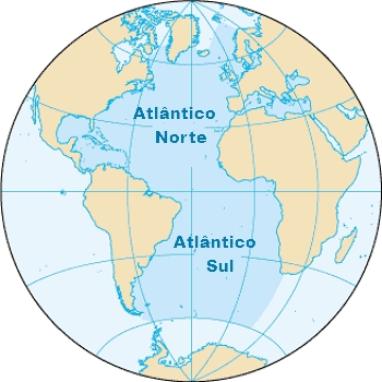 Mapa mostrando a localiza&ccedil;&atilde;o do Oceano Atl&acirc;ntico Norte e do Atl&acirc;ntico SUL