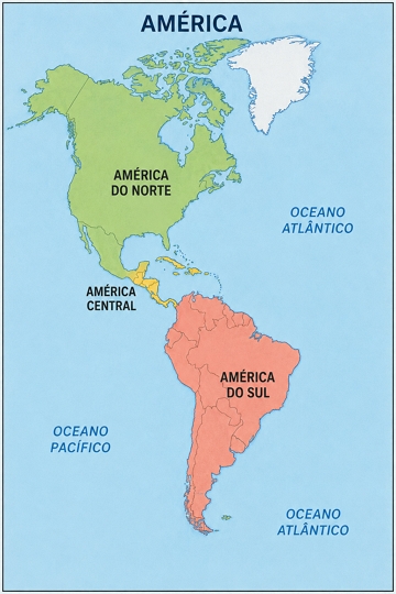 Mapa do continente americano mostrando a Am&eacute;rica do Norte, Central e do Sul