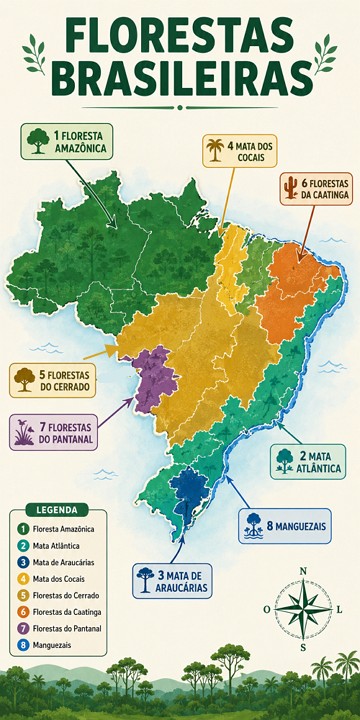 Florestas Brasileiras Ilustração de um mapa mostrando as florestas brasileiras