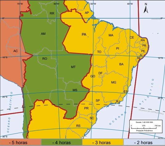Mapa dos fusos horários do Brasil (clique para ampliar) Mapa dos fusos horários do Brasil