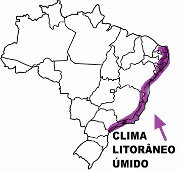 Mapa do Brasil mostrando a regi&atilde;o de clima litor&acirc;neo &uacute;mido