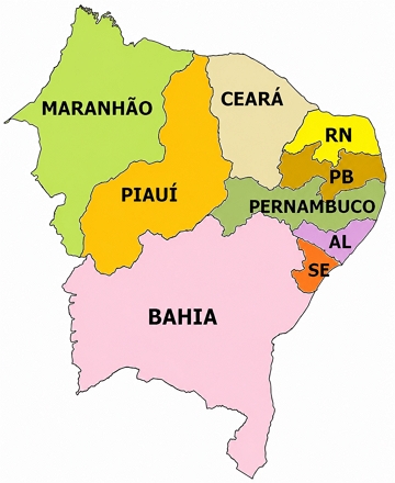 Mapa político do Nordeste do Brasil Mapa da região Nordeste do Brasil com os estados em destaque