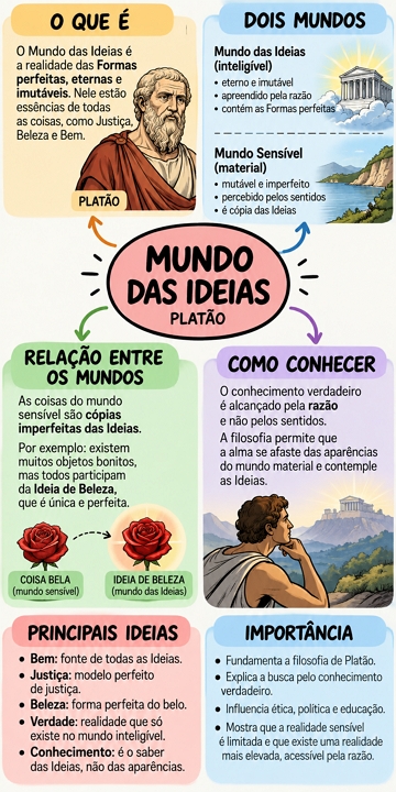 Mapa mental explicando de forma resumida o Mundo das Ideias de Plat&atilde;o
