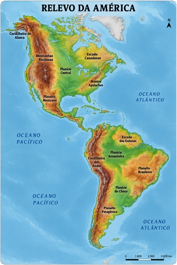 Mapa físico da América mostrando as principais unidades de relevo Mapa físico da América mostrando as principais unidades de relevo