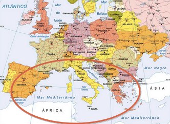 Mapa da Europa mostrando a região mediterrânea Mapa da Europa mostrando a região mediterrânea