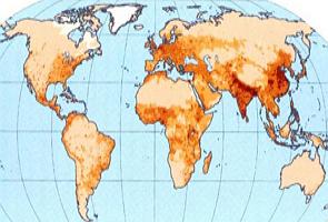 Mapa mostrando as regiões do mundo com maior concentração populacional