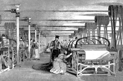 Fábrica de tecidos do início da Revolução Industrial: uso sistemático da maquinofatura.
