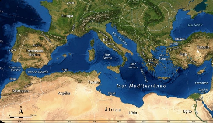 Mapa mostrando a localização do Mar Mediterrâneo Mapa mostrando a localização do Mar Mediterrâneo
