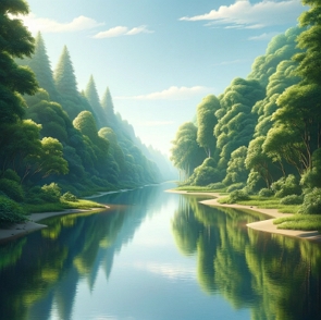 Ilustração mostrando um rio com árvores em suas margens