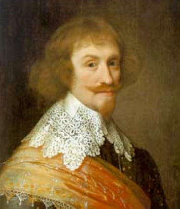 Pintura de um retrato de um homem branco, loiro e de bigode.