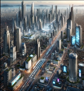 Ilustração de uma megalópole com muitos prédios
