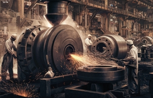 Ilustração mostrando trabalhadores numa metalúrgica