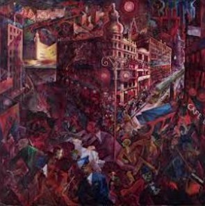 Pintura mostrando uma cidade movimentada da época moderna
