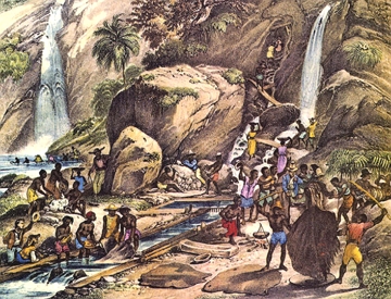 Mineração no Ciclo do Ouro Pintura de Rugendas mostrando escravizados trabalhando numa mina de ouro