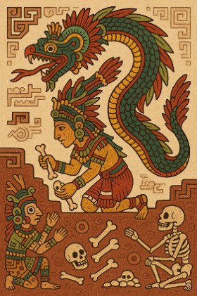 mito de Quetzalcóatl Imagem mostrando o mito da serpente emplumada descendo no submundo