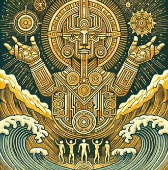 Imagem mostrando o mito da criação dos incas com o deus Viracocha criando o mundo, o céu e os homens