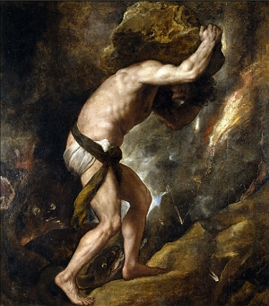 Imagem mostrando Sísifo carrengando uma grande pedra
