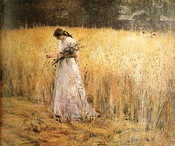 Moça no trigal Pintura de uma mulher com vestido branco numa plantação de trigo