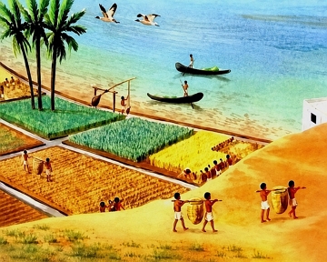 Agricultura as margens de um rio na Antiguidade