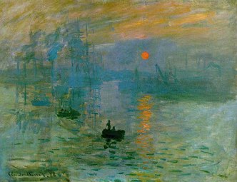 Pintura de Monet mostrando um homem num pequeno barco com o nascer do sol ao fundo