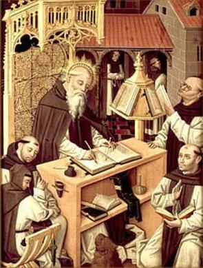 Pintura mostrando monges de um mosteiro medieval