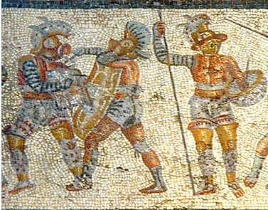 Gladiadores romanos Mosaico mostrando 3 gladiadores romanos com suas armas de combate