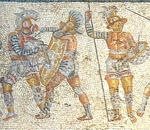 Mosaico mostrando 3 gladiadores romanos com suas armas de combate