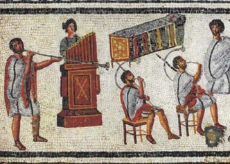 Mosaico romano antigo mostrando músicos tocando seus instrumentos
