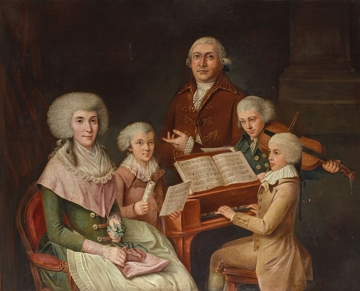 Mozart crian&ccedil;a tocando clavic&oacute;rdio em companhia da fam&iacute;lia
