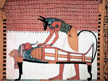 Ilustração mostrando o deus Anúbis realizando a mumificação Ilustração mostrando o deus Anúbis realizando a mumificação