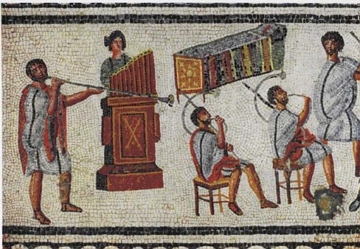 Mosaico romano antigo mostrando m&uacute;sicos tocando seus instrumentos