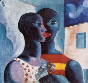 Pintura mostrando um homem e uma mulher negros se beijando
