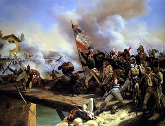 Napoleão Bonaparte Pintura mostrando Napoleão Bonaparte com a bandeira da França, liderando os franceses