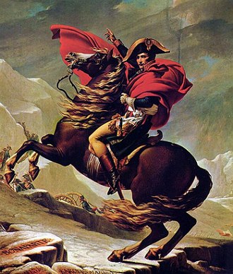 Pintura mostrando Napoleão com seu cavale cruzando os alpes
