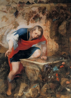 Pintura de um homem olhando seu reflexo numa nascente