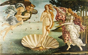 Pintura Nascimento de Vênus, mulher saindo de dentro de uma concha