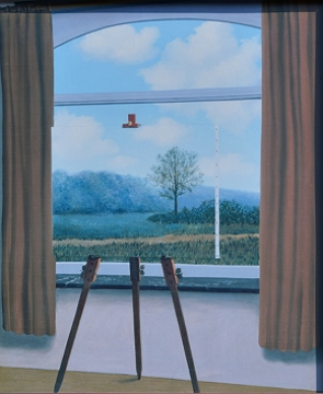 Pintura mostrando um cavalete de pintor com uma pintura de paisagem