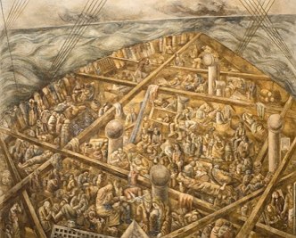 Pintura mostrando um navio com grande quantidade de pessoas