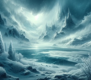 Ilustração representando Niflheim na Mitologia Nórdica, com montanhas, neve e névoa.