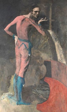 Pintura mostrando um homem vestido de vermelho numa posição como estivesse gesticulando e falando