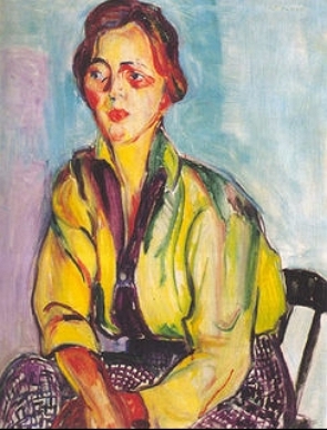 Pintura colorida representando uma estudante jovem sentada numa cadeira