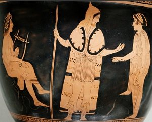 Pintura de vaso grego mostrando Orfeu tocando uma lira ao lado de dois trácios