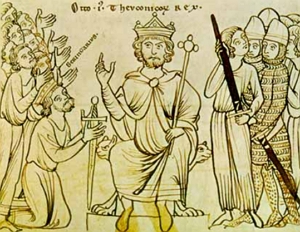 Pintura medieval mostrando Otto I com coroa e cetro
