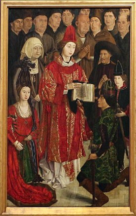 Pintura mostrando um religioso segurando a Bíblia e outros religiosos