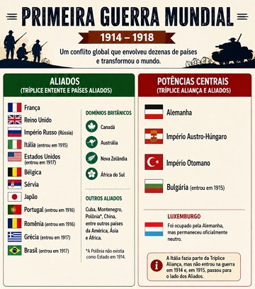 Infográfico com os principais países que participaram da Primeira Guerra Mundial Infográfico com os principais países que participaram da Primeira Guerra Mundial