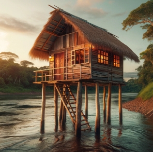 Ilustração de uma casa de madeira e palha na margem de um rio. Ela está sustentada por estacas de madeira