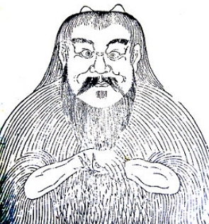 Figura pintada em preto e branco de um homem de cabelo comprido e bigode